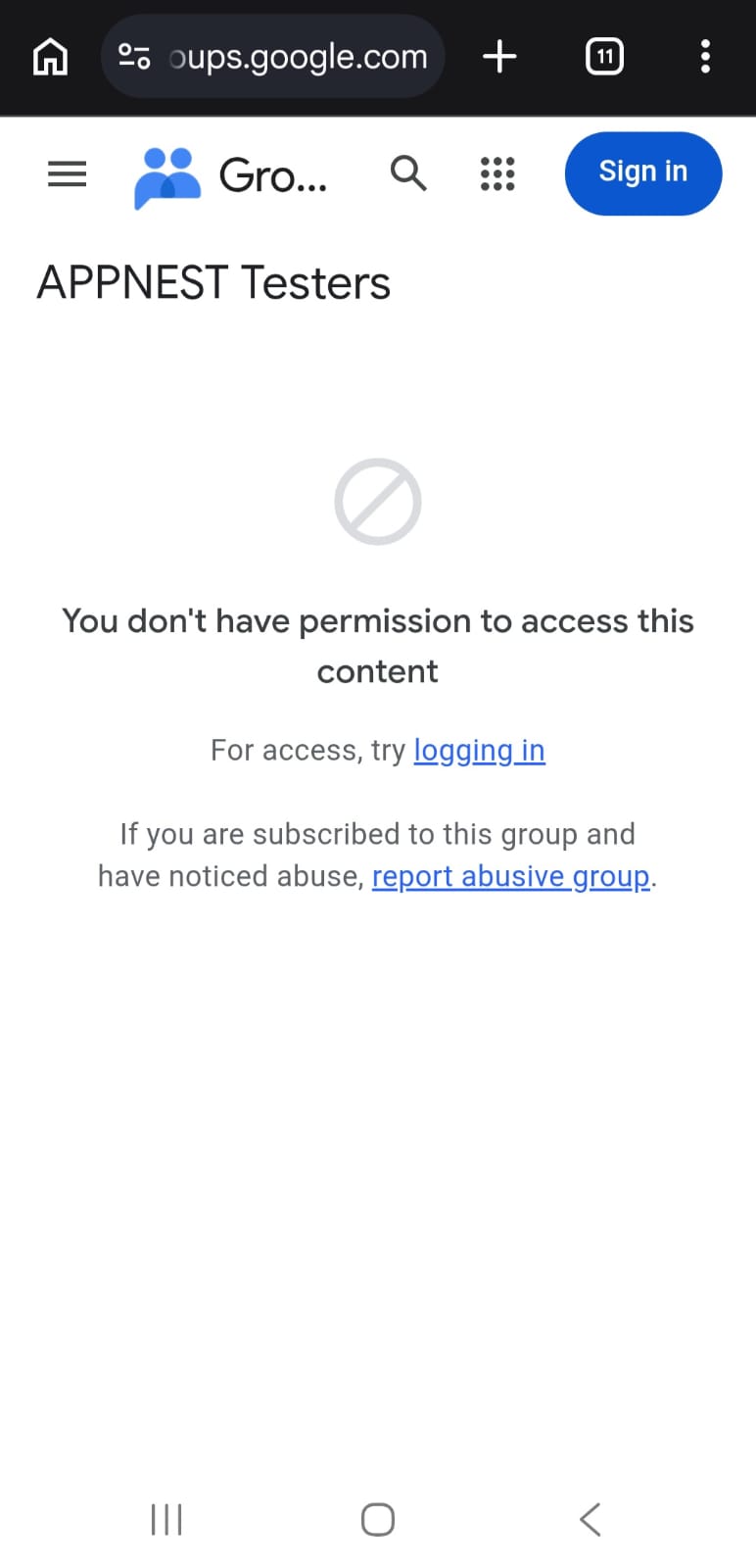 Google Groups page showing the Sign in button when you are not signed in